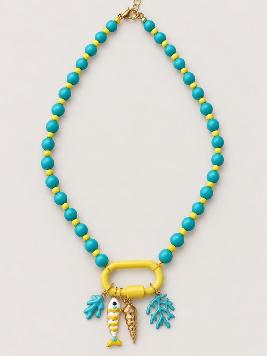 Anthropologie Jewelry - New! Blue Yellow Beaded Fish Carabiner Necklace NWOT 3022
